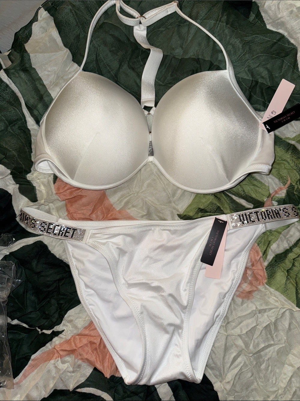 Victoria's Secret White Padded Halter Swimsuit Bikini with Bling Logo Straps